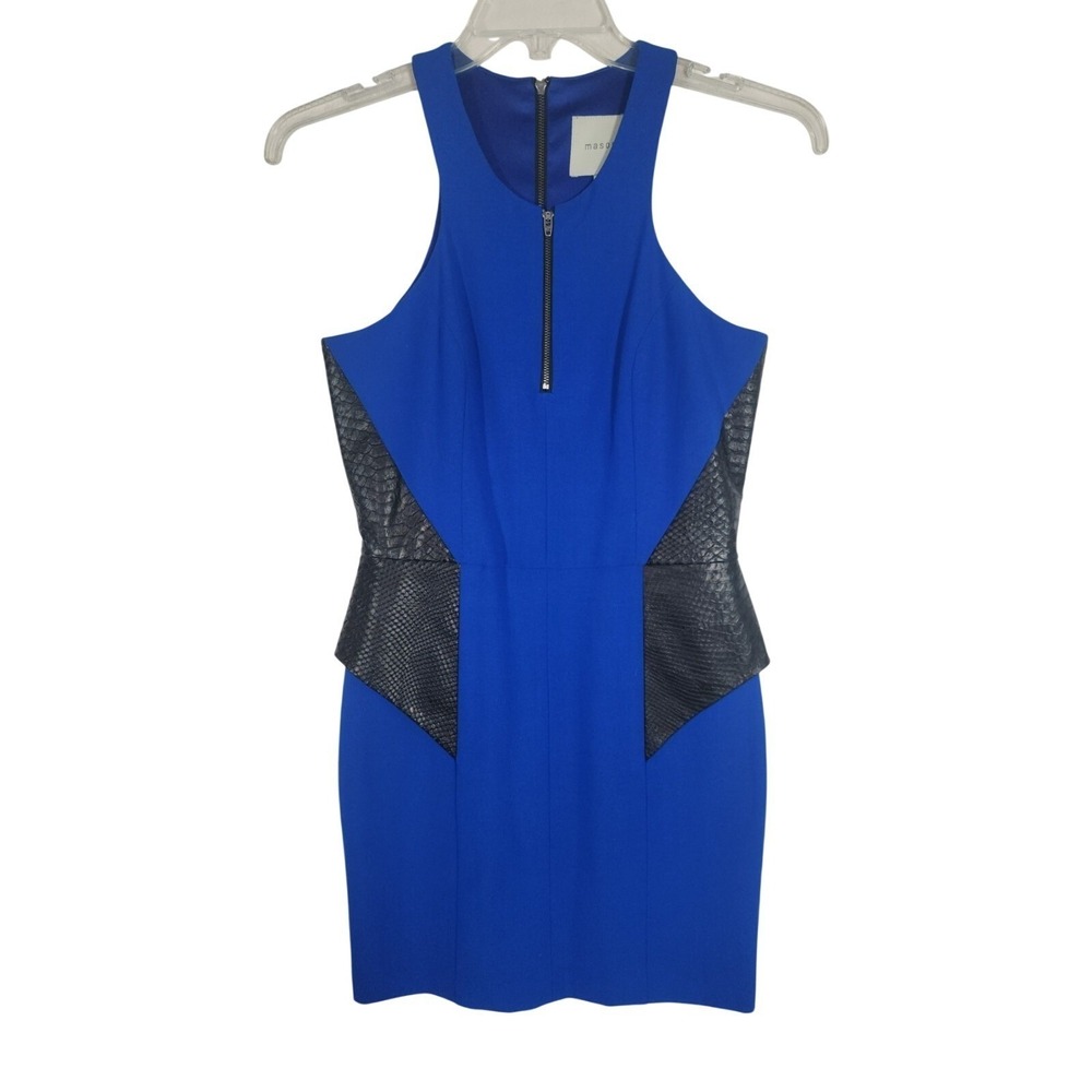 Mason 4 Mini Dress Cobalt Blue Bodycon Leather Panel Sheath Peplum Zip Cocktail
